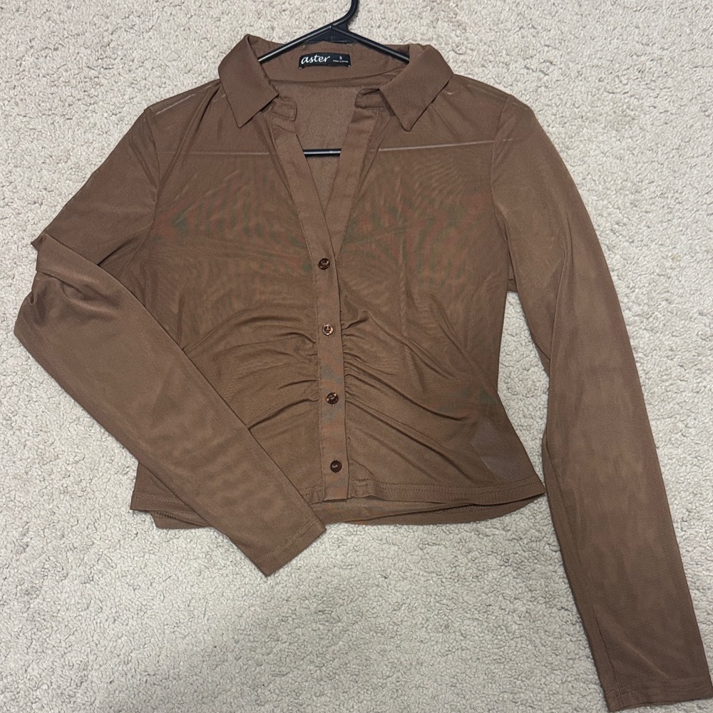 Aster Brown Ruched Button-Down Long Sleeve Top